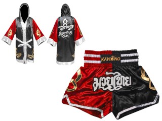 Zestaw bokserski: szlafrok bokserski i spodenki do kickboxingu : Set-143-Czerwony-Czarny