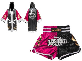 Zestaw bokserski: szlafrok bokserski i spodenki do kickboxingu : Set-143-Róża-Czarny