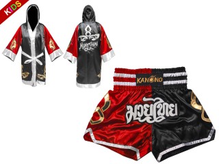 dla dzieci boxing set - Szlafrok i spodenki bokserskie:  Model 143-Czerwony-Czarny