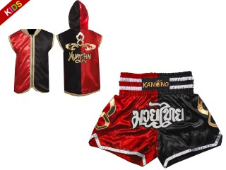 Dziecięcy strój bokserski - bluzy z kapturem i szorty Muay Thai : Model 143-Czerwony-Czarny