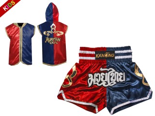 Dziecięcy strój bokserski - bluzy z kapturem i szorty Muay Thai : Model 143-Czerwony-Granatowy