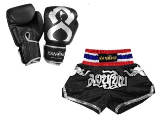 Zestaw bokserski - prawdziwe skórzane rękawice bokserskie i niestandardowe tajskie spodenki : Set-125-Gloves-Thaikick-Czarny