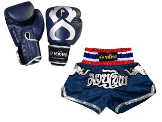 Zestaw bokserski - rękawice bokserskie z prawdziwej skóry i niestandardowe tajskie spodenki : Set-125-Gloves-Thaikick-Granatowy
