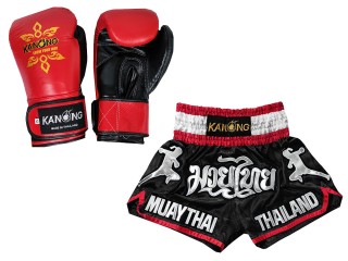 Zestaw bokserski - rękawice bokserskie z prawdziwej skóry i niestandardowe tajskie spodenki : Set-133-Gloves-Czarny