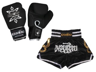 Zestaw bokserski - rękawice bokserskie z prawdziwej skóry i niestandardowe tajskie spodenki : Set-143-Gloves-Czarny