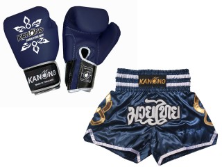 Zestaw bokserski - rękawice bokserskie z prawdziwej skóry i niestandardowe tajskie spodenki : Set-143-Gloves-Granatowy