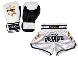 Zestaw bokserski - rękawice bokserskie z prawdziwej skóry i niestandardowe tajskie spodenki : Set-143-Gloves-Biały