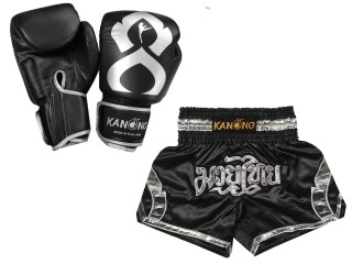 Zestaw bokserski - rękawice bokserskie z prawdziwej skóry i niestandardowe spodenki tajskie : Set-144-Gloves-Czarny-Srebrny