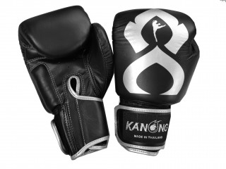 Rękawice bokserskie Kanong ze skóry naturalnej : "Thai Kick" Czarny-Srebrny