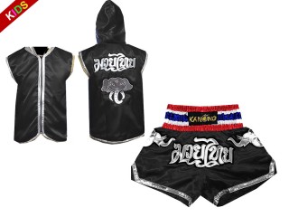 Strój bokserski dla chłopców - Kurtka bokserska z kapturem i spodenki do muay thai : 125 Czarny
