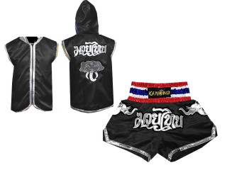 Kostium bokserski - Kurtka z kapturem i spodenki bokserskie do boksu Muay Thai : 125 Czarny